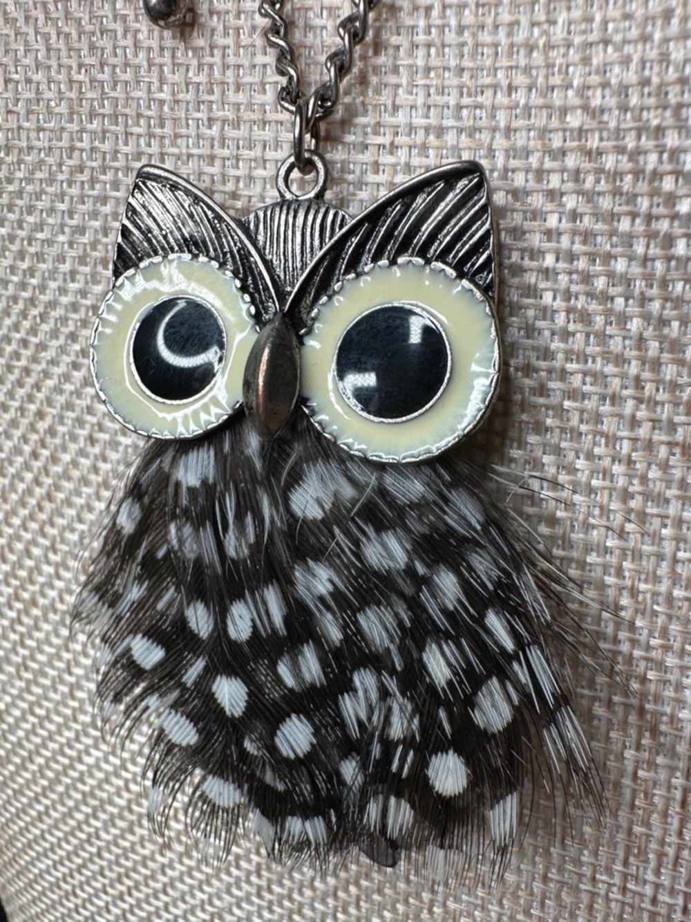 Owl Pendant Necklace - Black & White Feather Charm - Picture 3 of 4